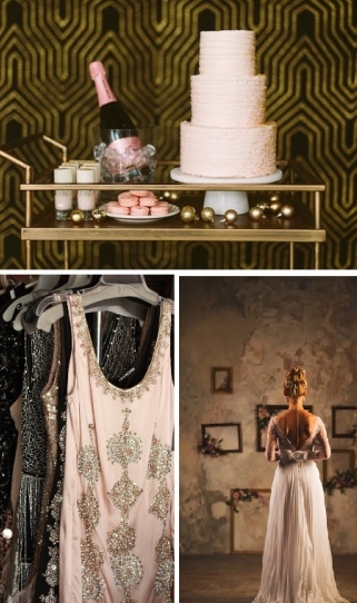 Свадебная палитра: черный, бледно-розовый, золото и перья