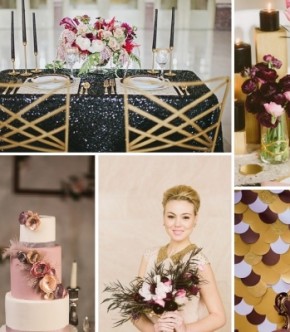 Свадебная палитра: черный, баклажановый, грязно-розовый и золотой + бесплатный макет номеров столов